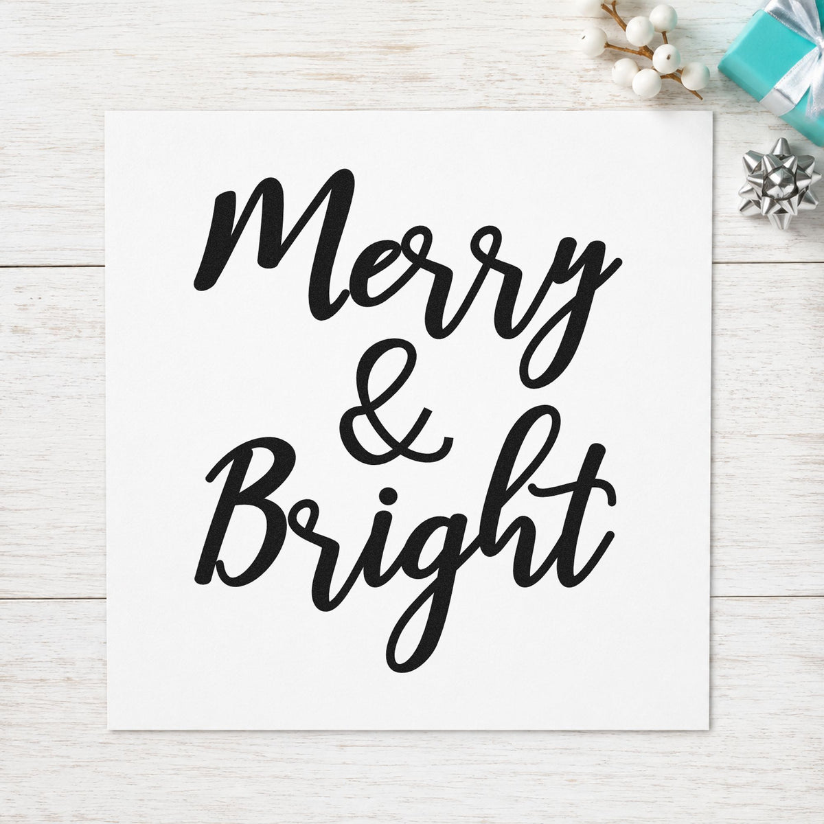 Merry And Bright Brush Script rubber stamp printed in black ink, ready for brush stack cards and similar paper crafts.