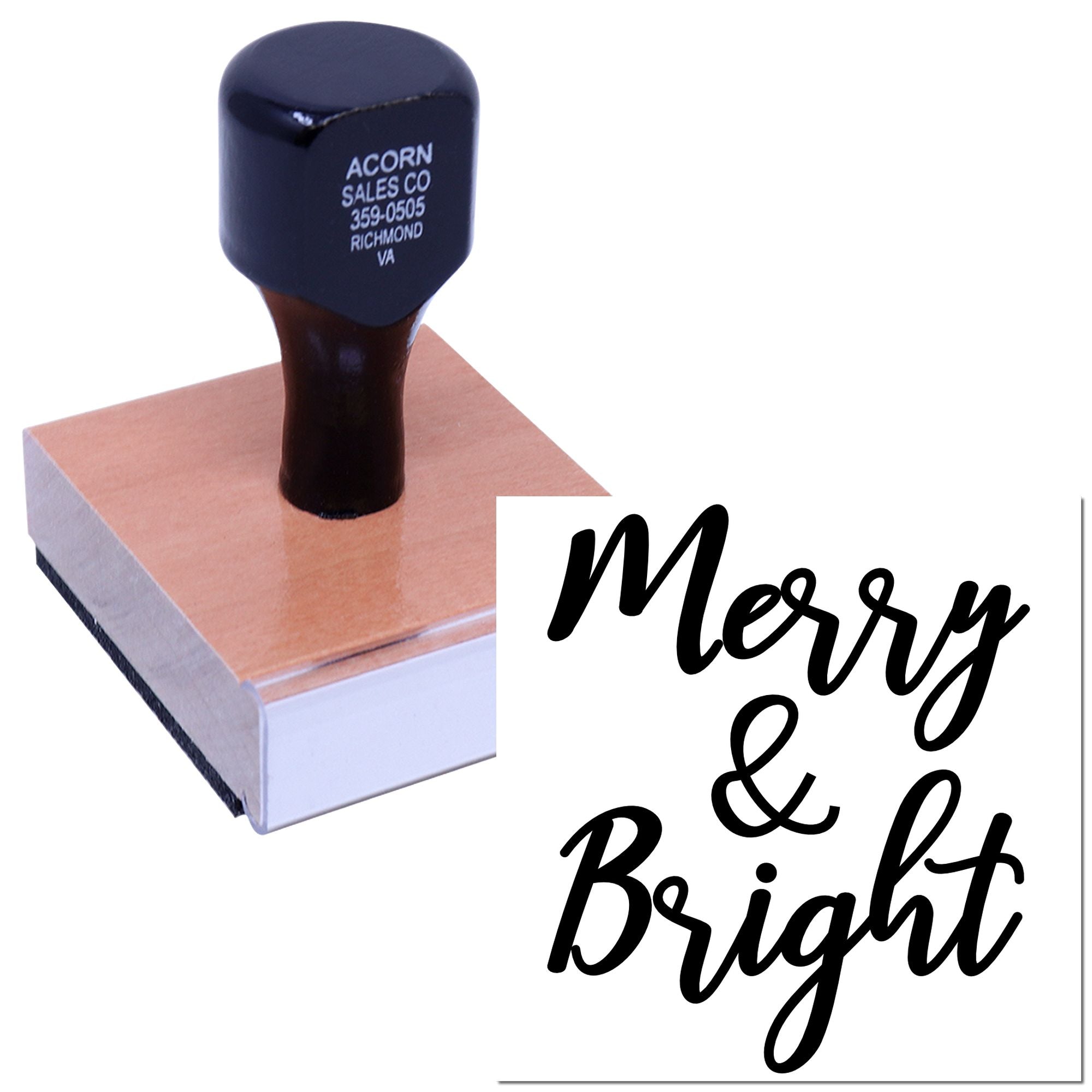 Merry & Bright custom rubber stamp for holiday cards, crafts, and gift packaging