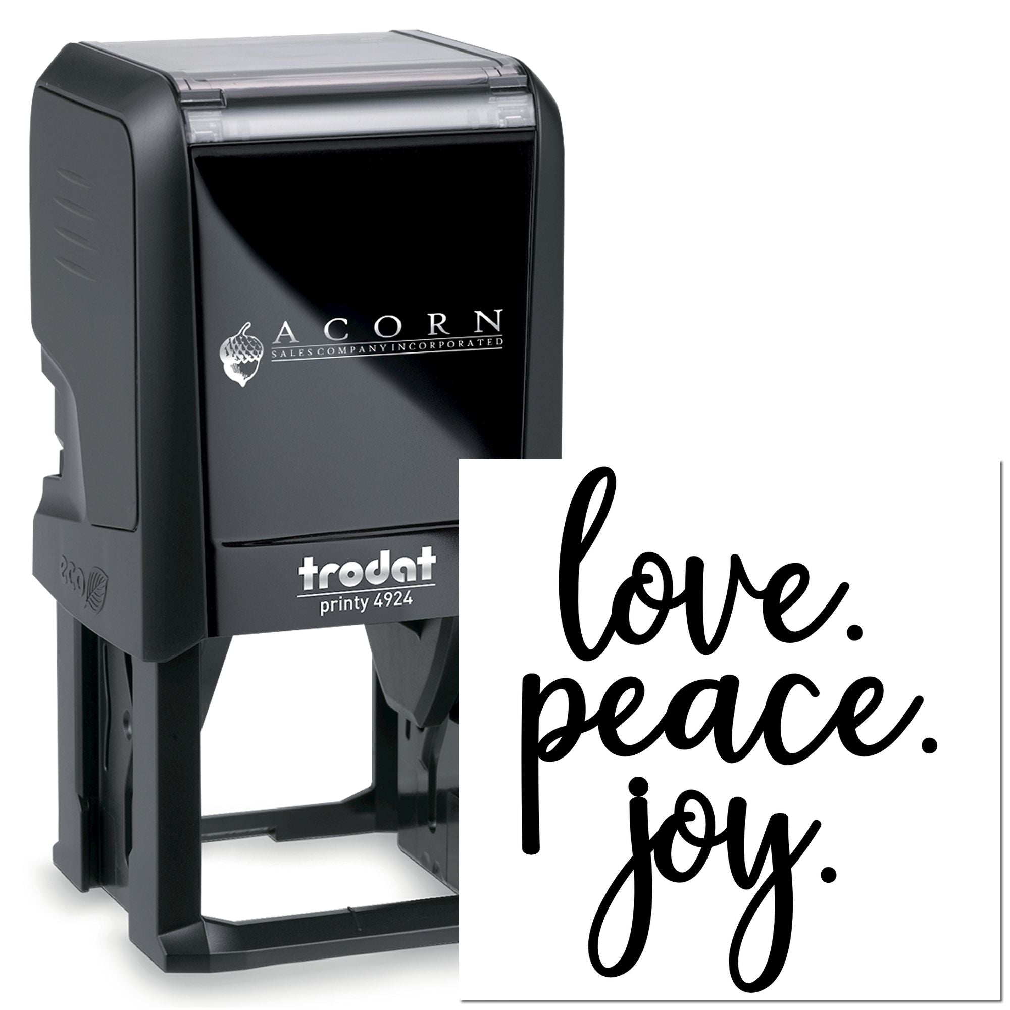 Self-inking Trodat rubber stamp with custom love, peace, joy imprint for business or craft use.
