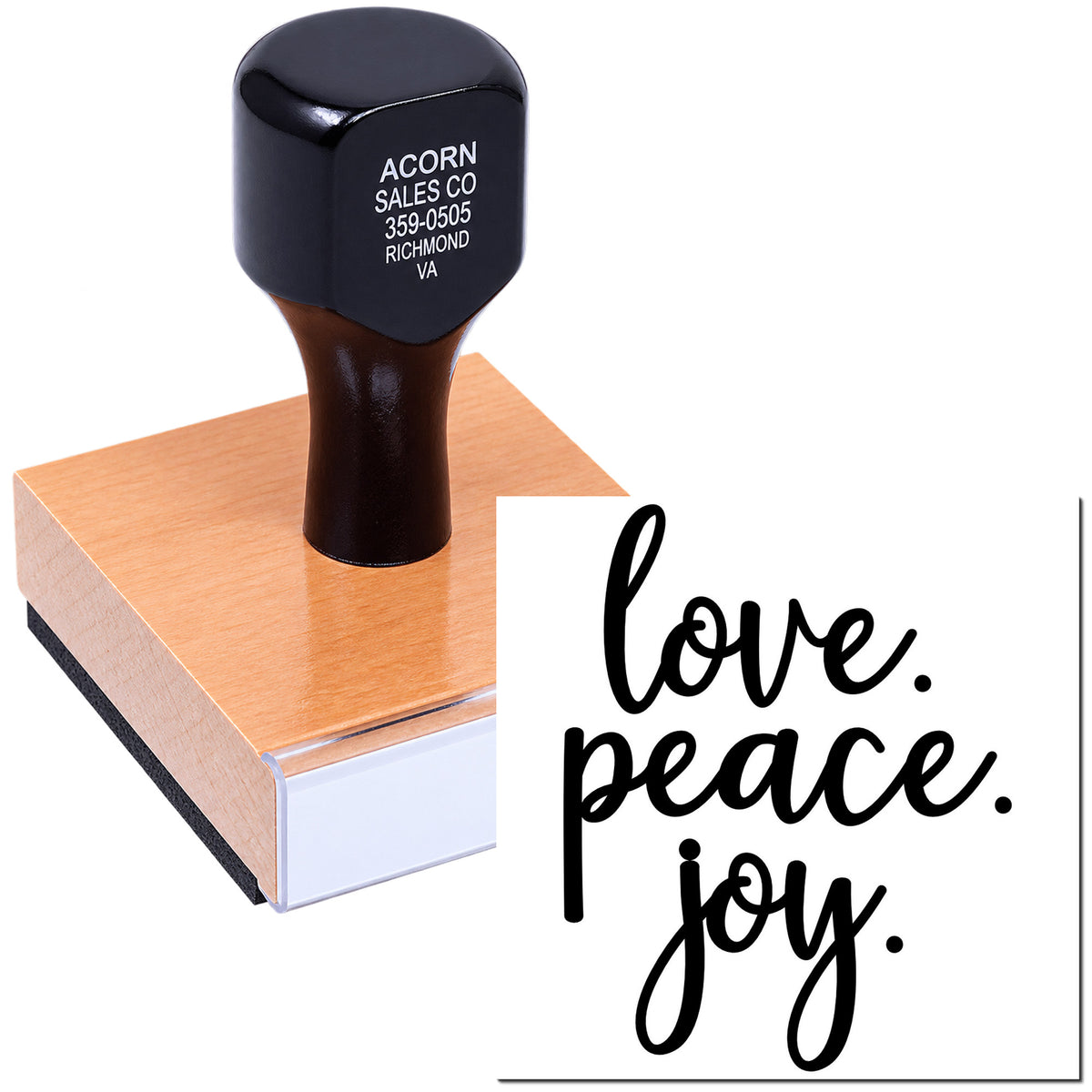 Custom rubber stamp with love, peace, joy design, ideal for handmade cards, crafts, and inspirational packaging.