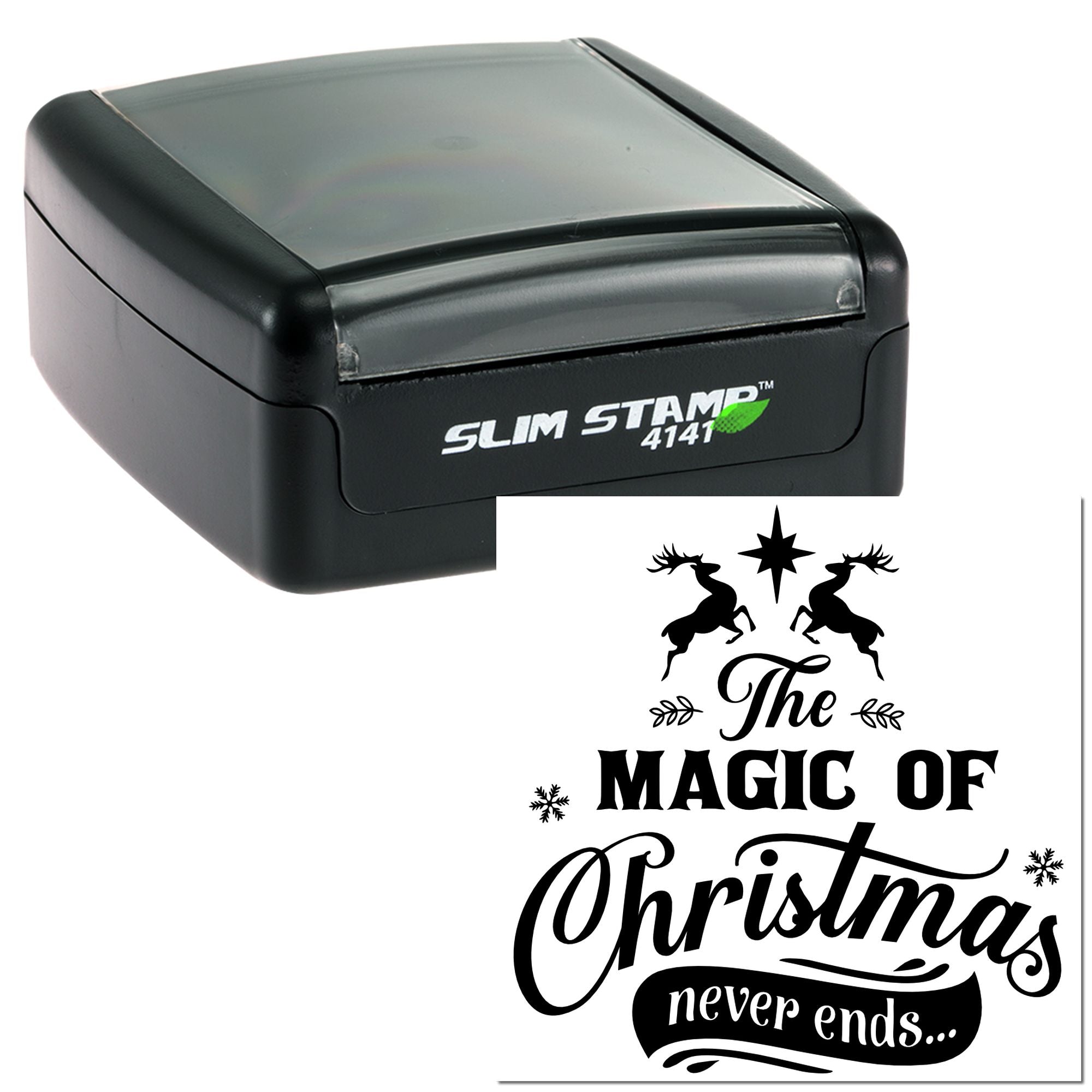 Slim Stamp 4141 self-inking rubber stamp with The Magic of Christmas never ends holiday reindeer design.