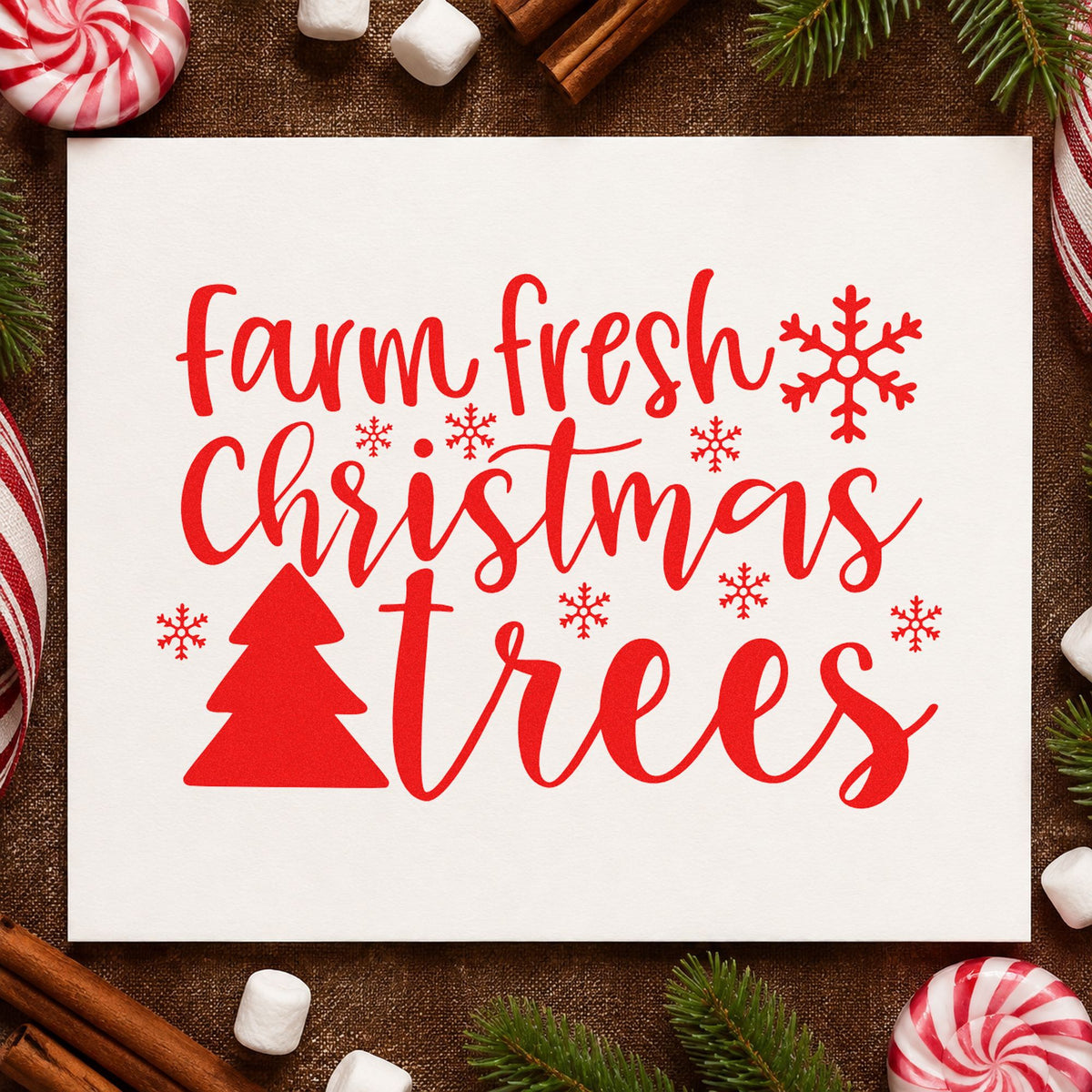Farm Fresh Christmas Trees rubber stamp shown in red ink, stamped for projects such as mason jar gift labels.