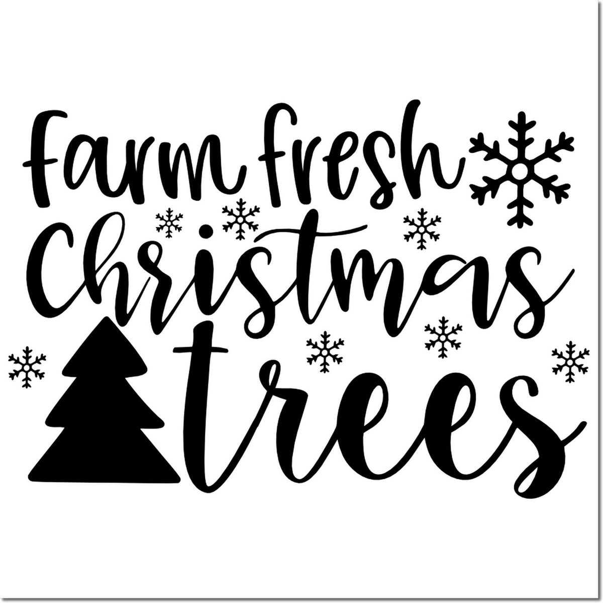 Farm Fresh Christmas Trees rubber stamp design with snowflakes and pine tree icon, perfect for holiday farmhouse crafts.