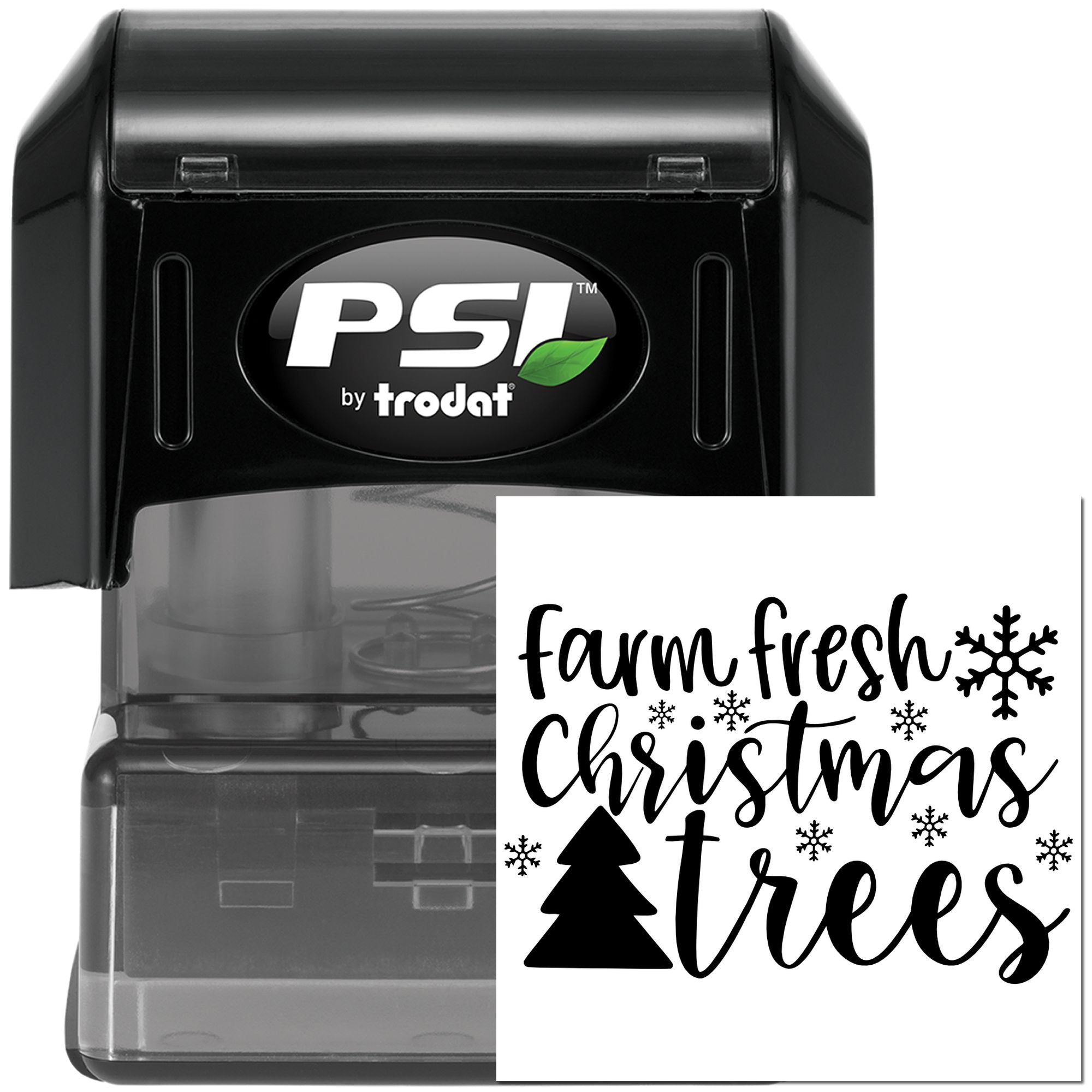 Farm Fresh Christmas Trees self-inking rubber stamp by PSI Trodat for holiday crafts, packaging, and farm stand labels.