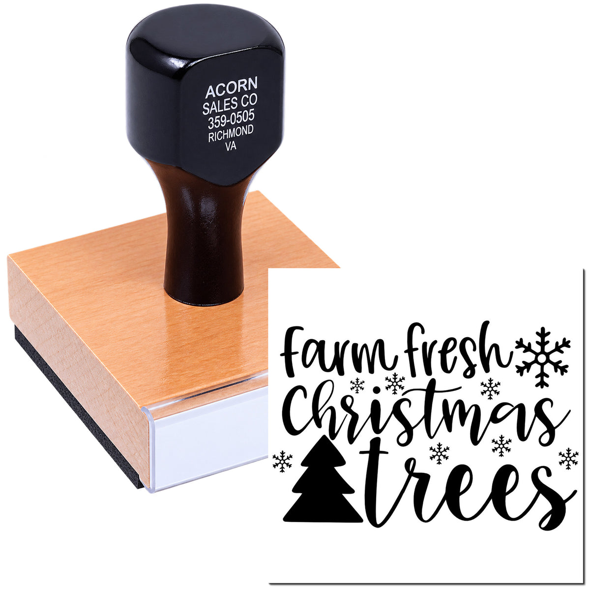 Mounted rubber stamp with farm fresh Christmas trees design for rustic holiday packaging, crafts, and farm market branding.
