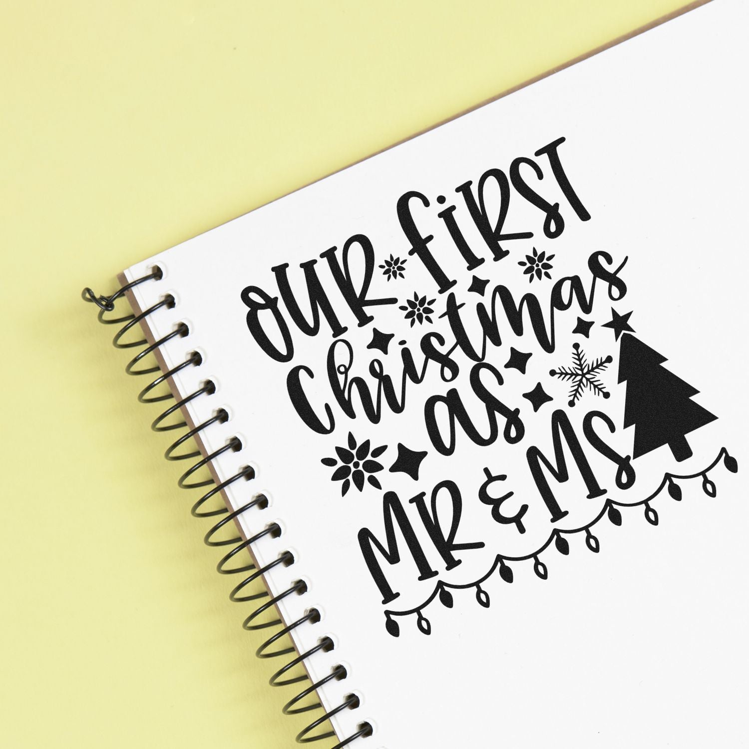 Personalized Christmas rubber stamp for newlyweds reading Our First Christmas as Mr & Mrs with tree and snowflakes.