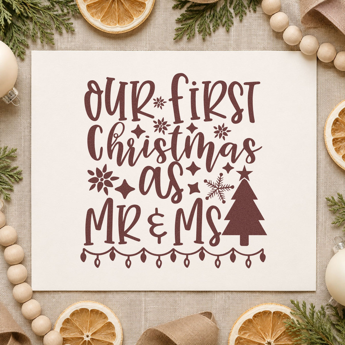 First Christmas Mr And Mrs Lights rubber stamp printed in brown ink, ready for card list sheet and similar paper crafts.
