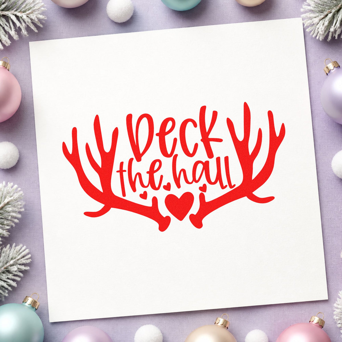 Deck The Hall Antlers craft stamp in red ink on cardstock, an easy option for runner hem printing.