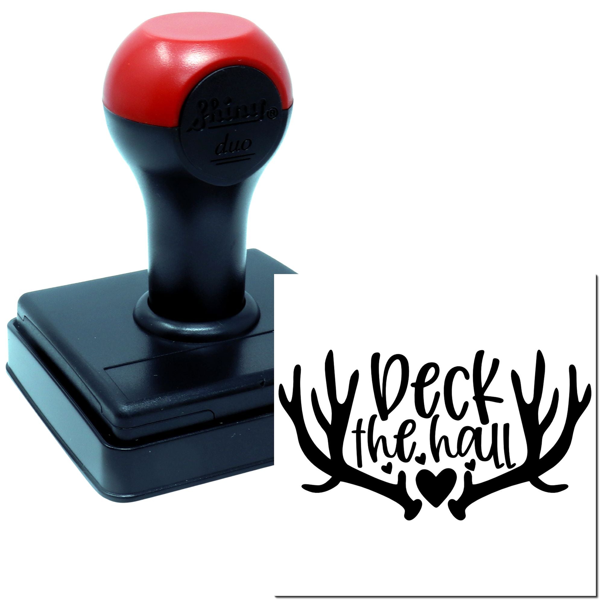 Self-inking rubber stamp with festive antlers and Deck the Hall holiday message for Christmas crafting.