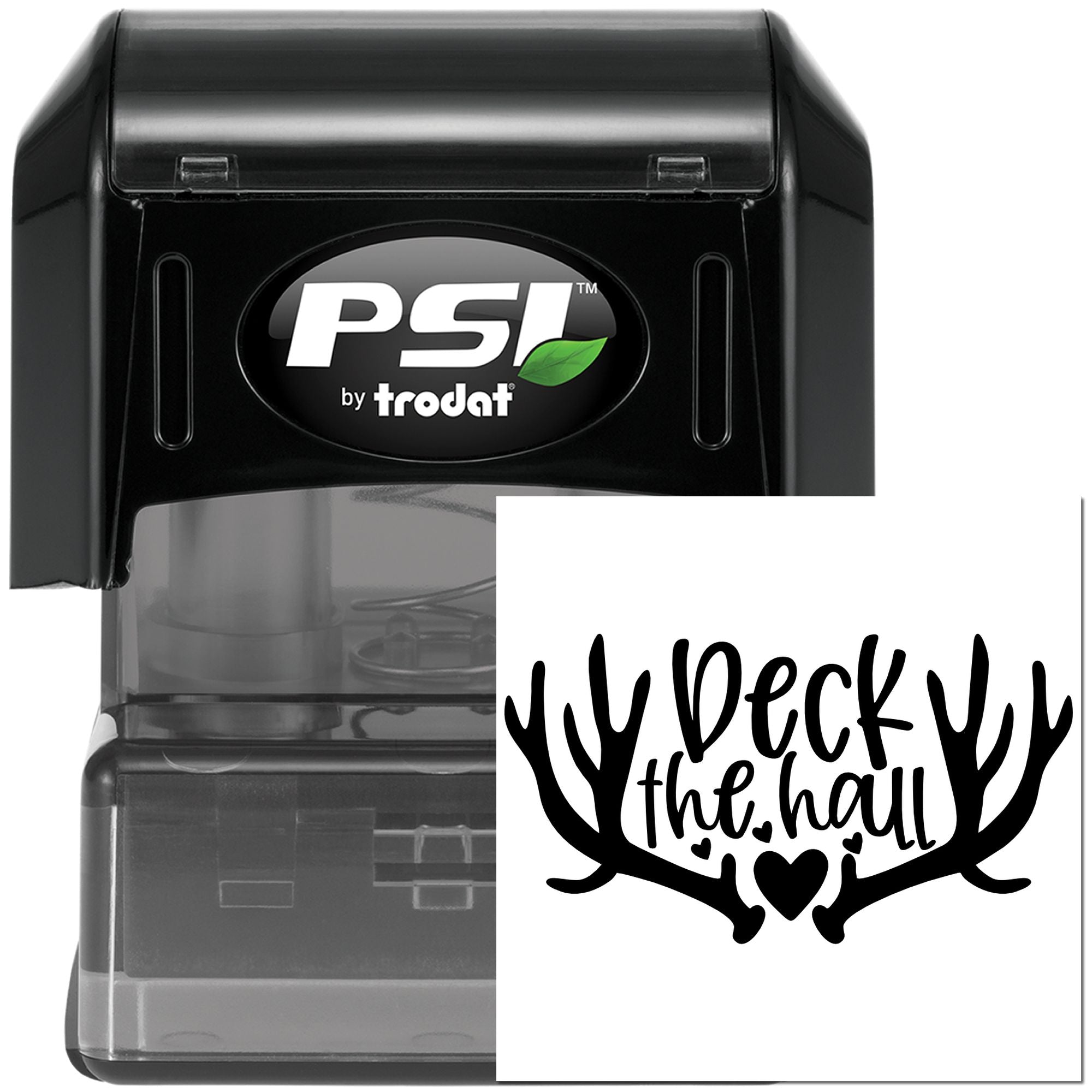 Custom self-inking rubber stamp by PSI Trodat with Deck the Hall deer antler design for holiday crafts and cards.