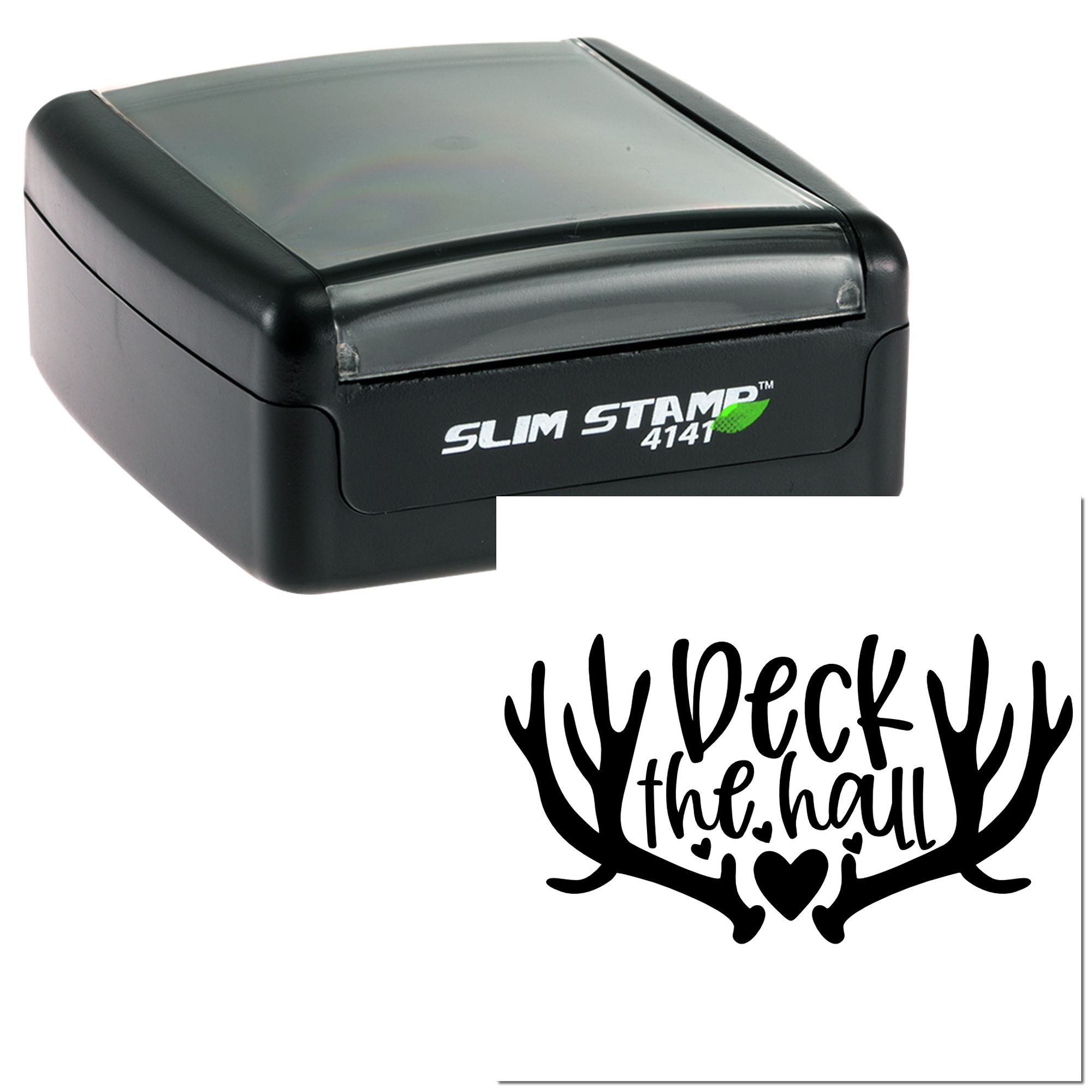 Slim Stamp 4141 self-inking rubber stamp with We Deck the Hall deer antler holiday design.