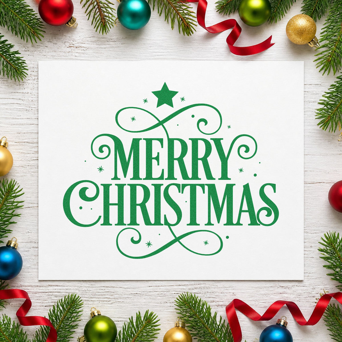 Merry Christmas Ornamental Flourishes craft stamp imprint in green ink on a handmade project, one idea being gala program cards.