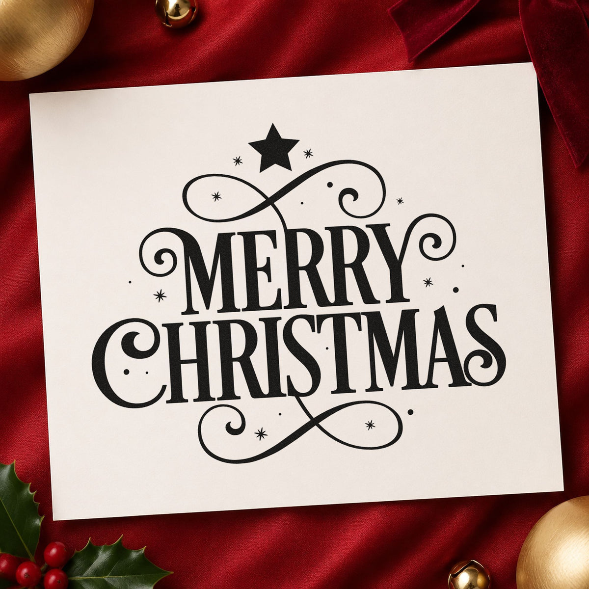 Merry Christmas Ornamental Flourishes rubber stamp printed in black ink, ready for tall capitals cards and similar paper crafts.