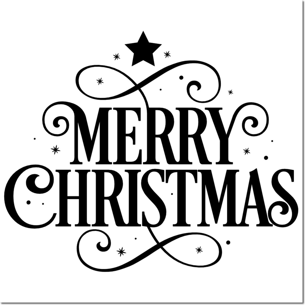 Merry Christmas decorative rubber stamp design with stars and swirls for holiday cards, crafts, and festive packaging.