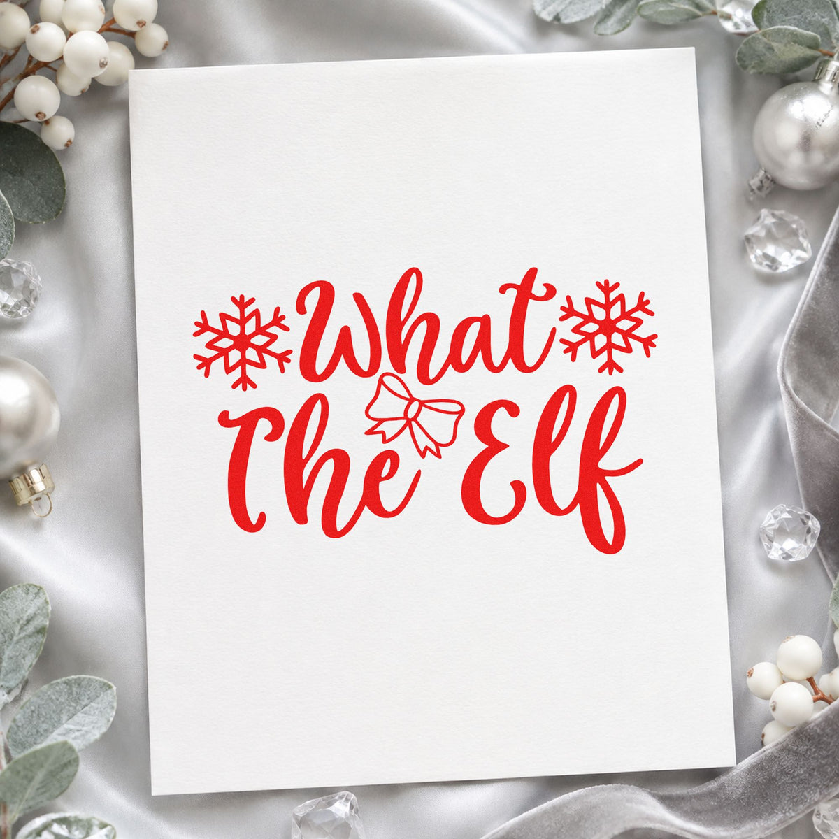 What The Elf Snowflakes rubber stamp shown in red ink, stamped for projects such as misc bin labels.