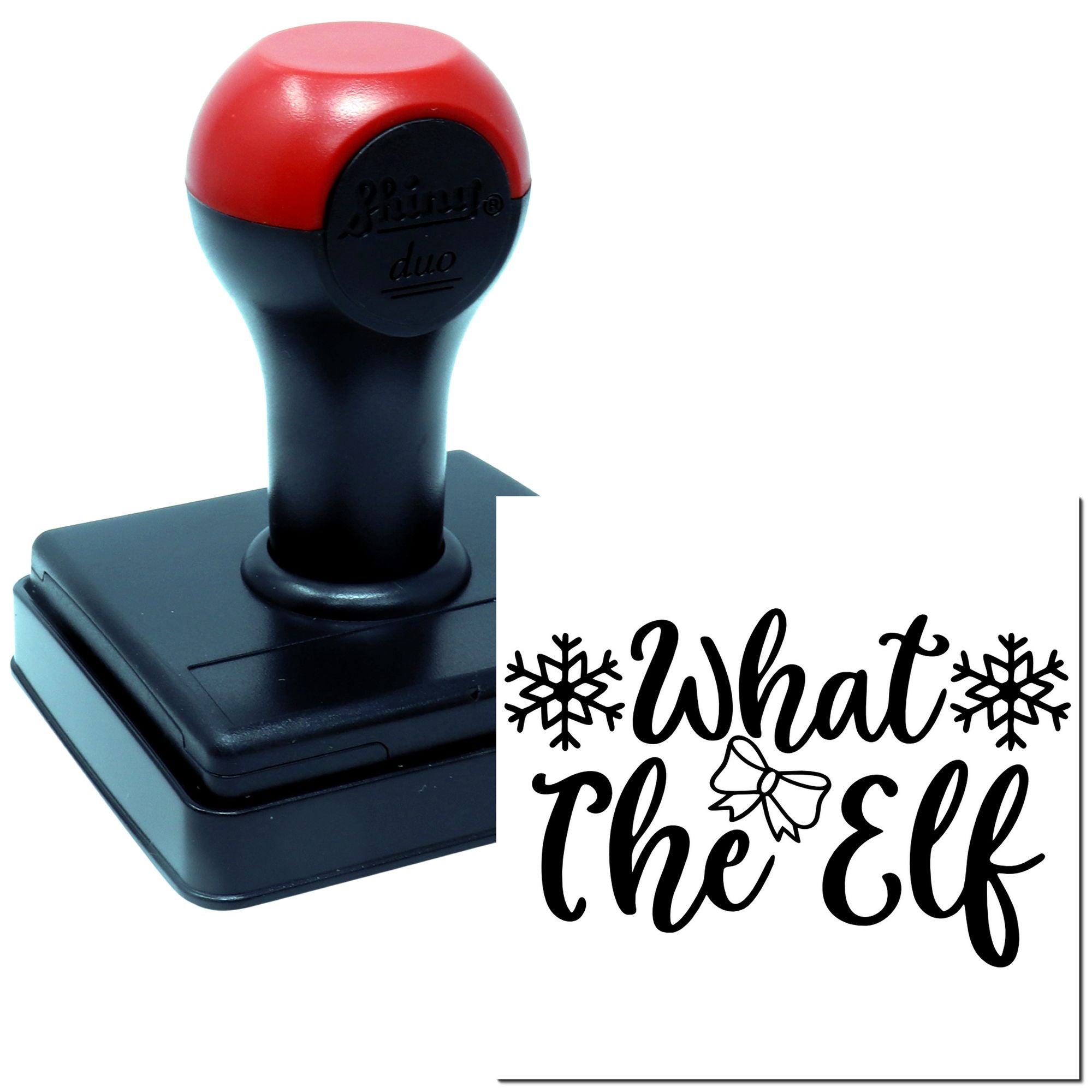 Christmas self-inking rubber stamp with What the Elf and snowflake design for festive holiday cards and crafts.