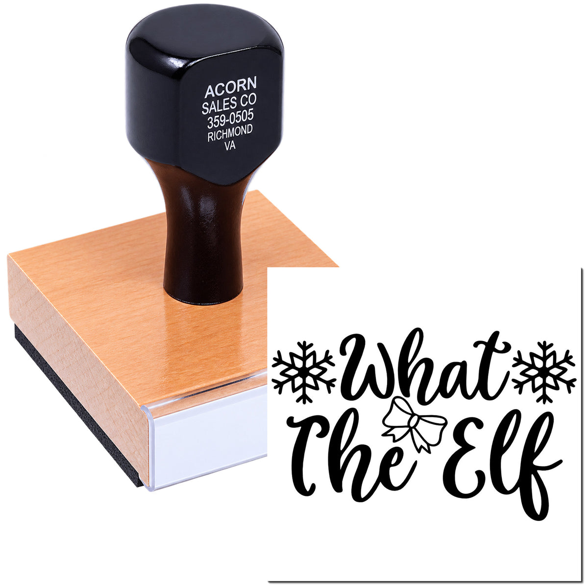 Mounted custom rubber stamp with What the Elf holiday design for festive cards, gifts, and craft packaging.