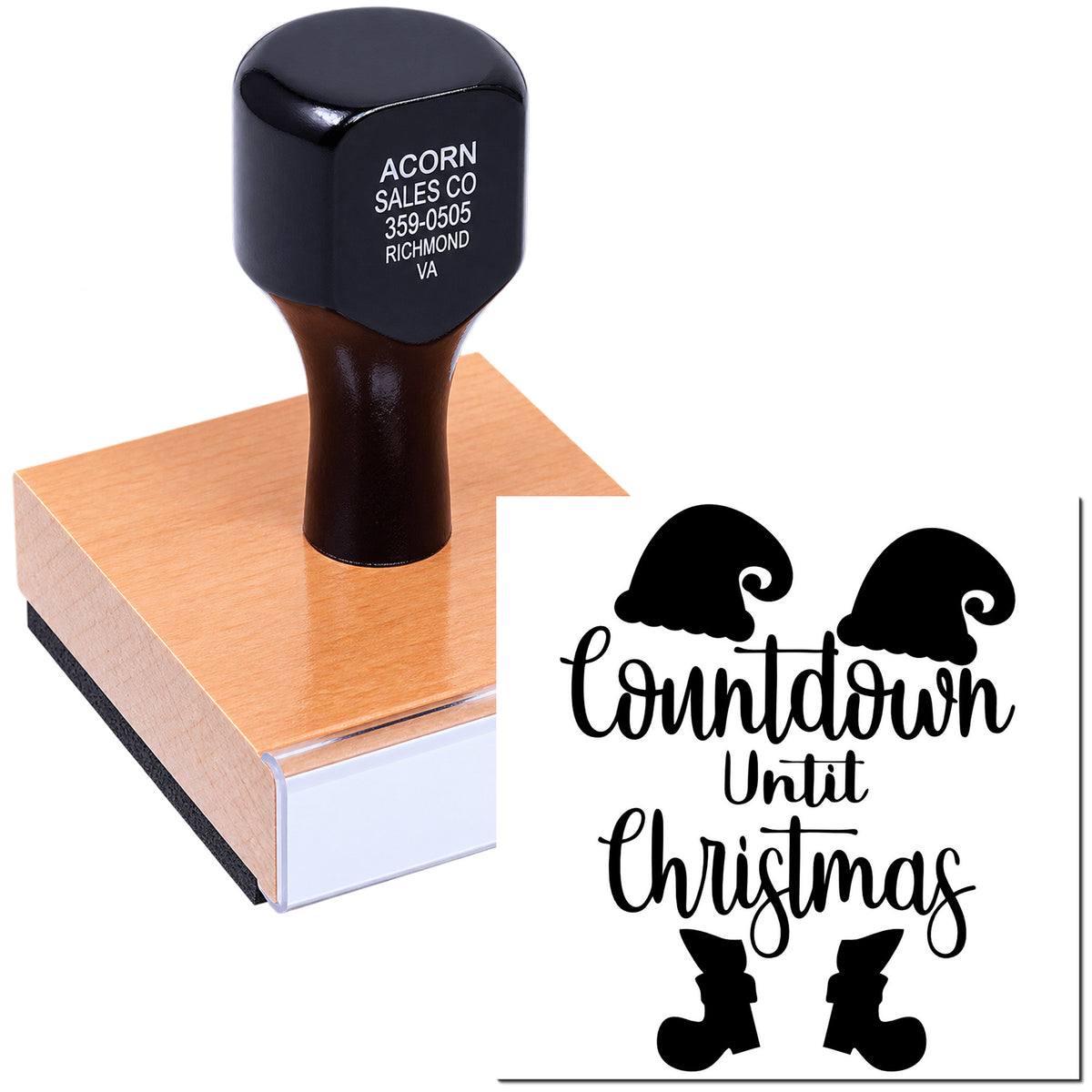 Custom Christmas rubber stamp with countdown design, Santa hats and boots, shown on a wood handle stamp block.