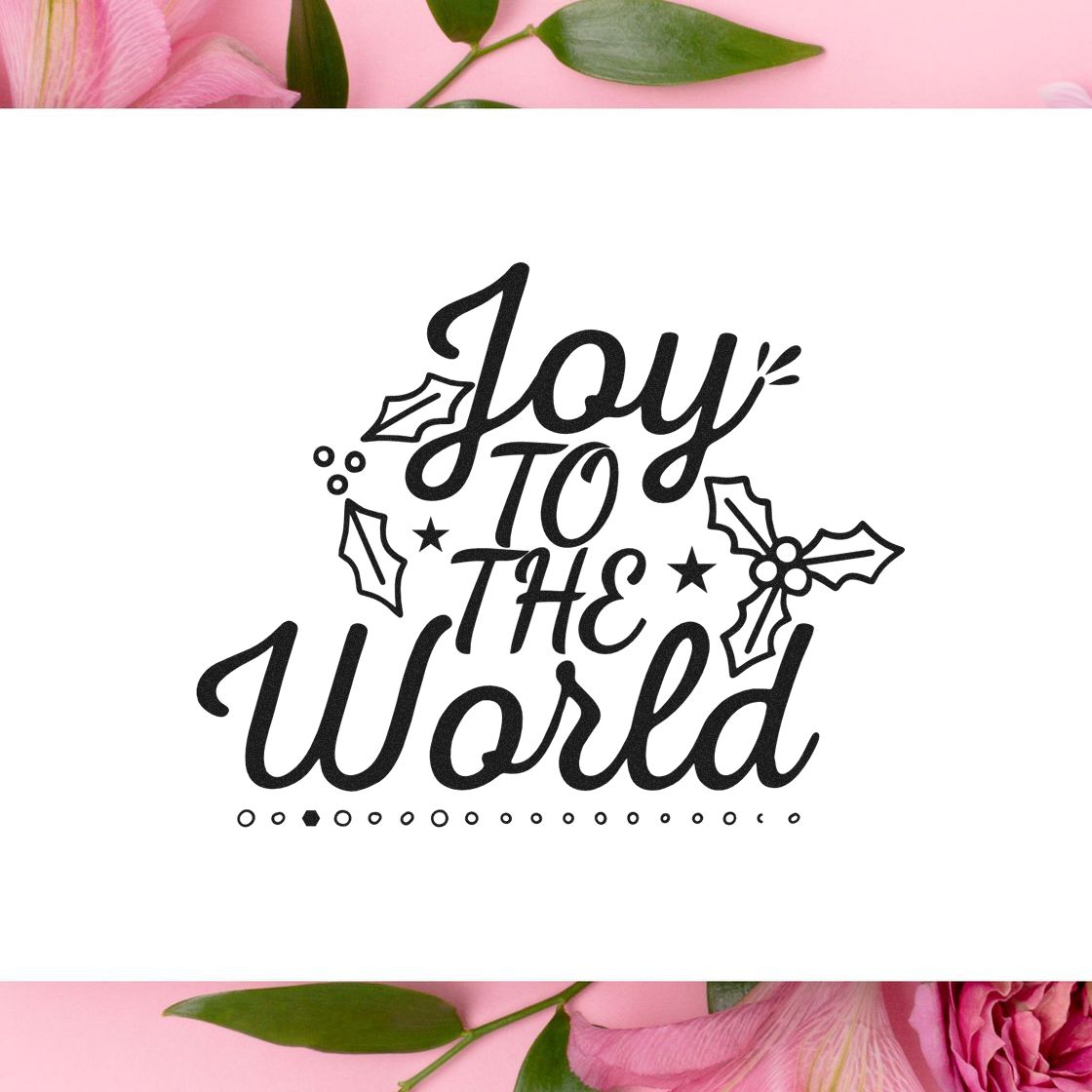 Joy to the World Christmas rubber stamp design with holly and stars for holiday cards and festive crafts