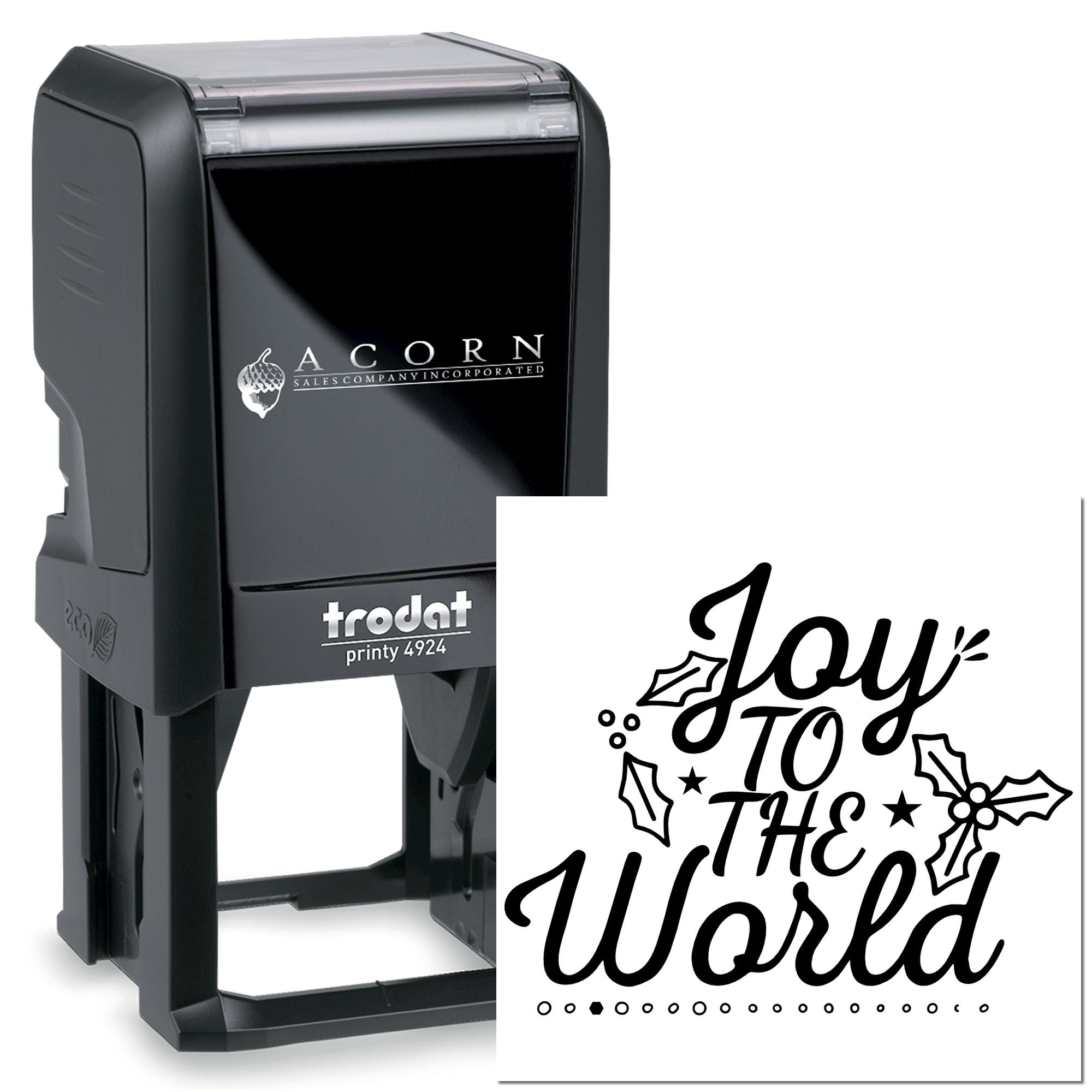 Trodat Printy 4924 custom self-inking rubber stamp with Joy to the World holiday design for Christmas crafts.