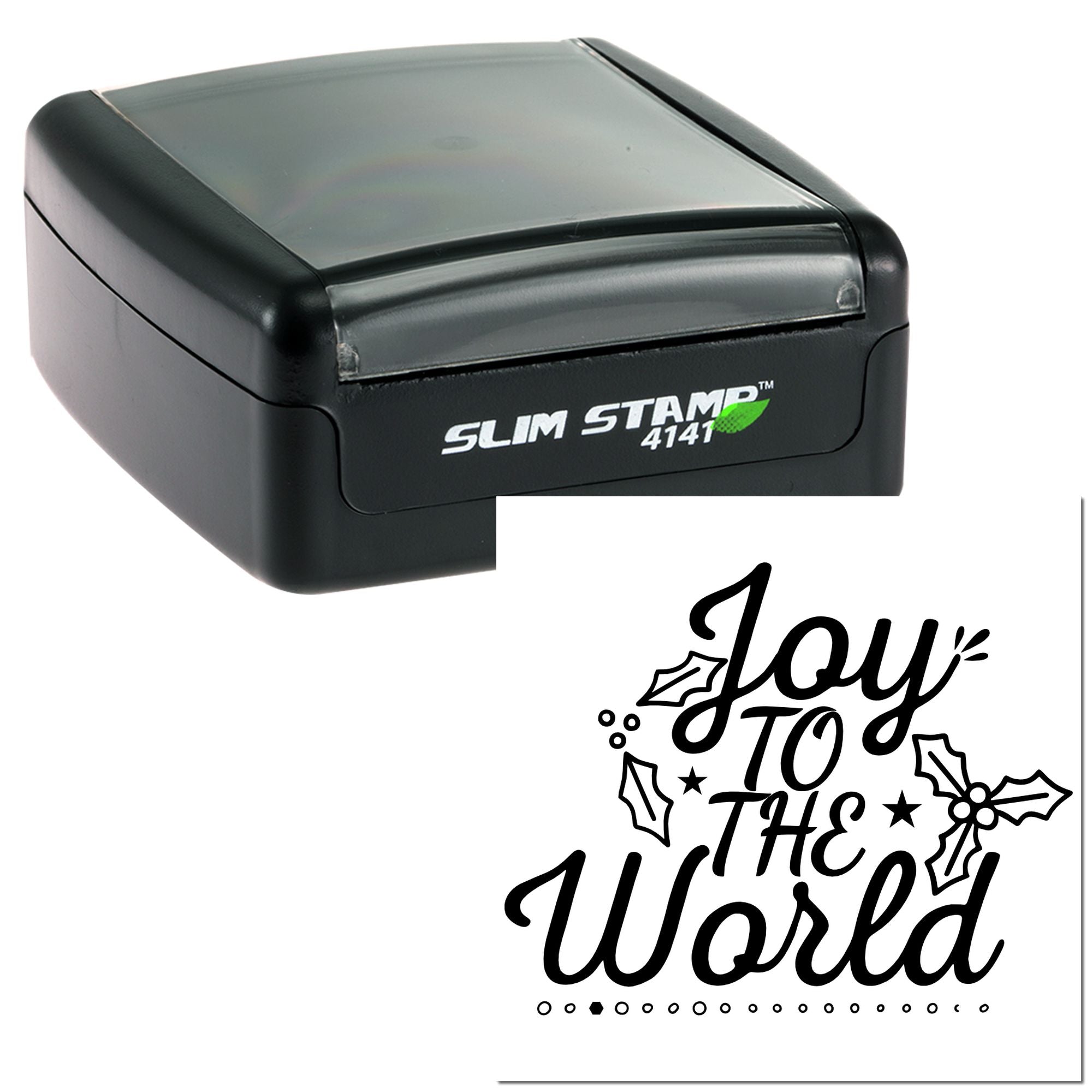 Self-inking rubber stamp with Joy to the World holiday design for festive custom card and gift packaging.