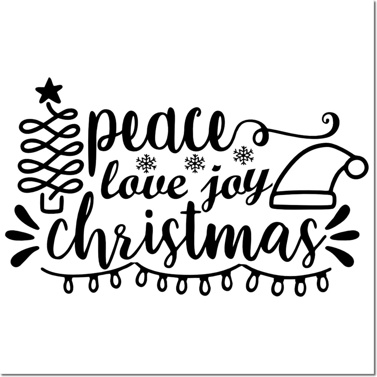 Peace Love Joy Christmas rubber stamp design with Santa hat, snowflakes, and festive holiday lights.