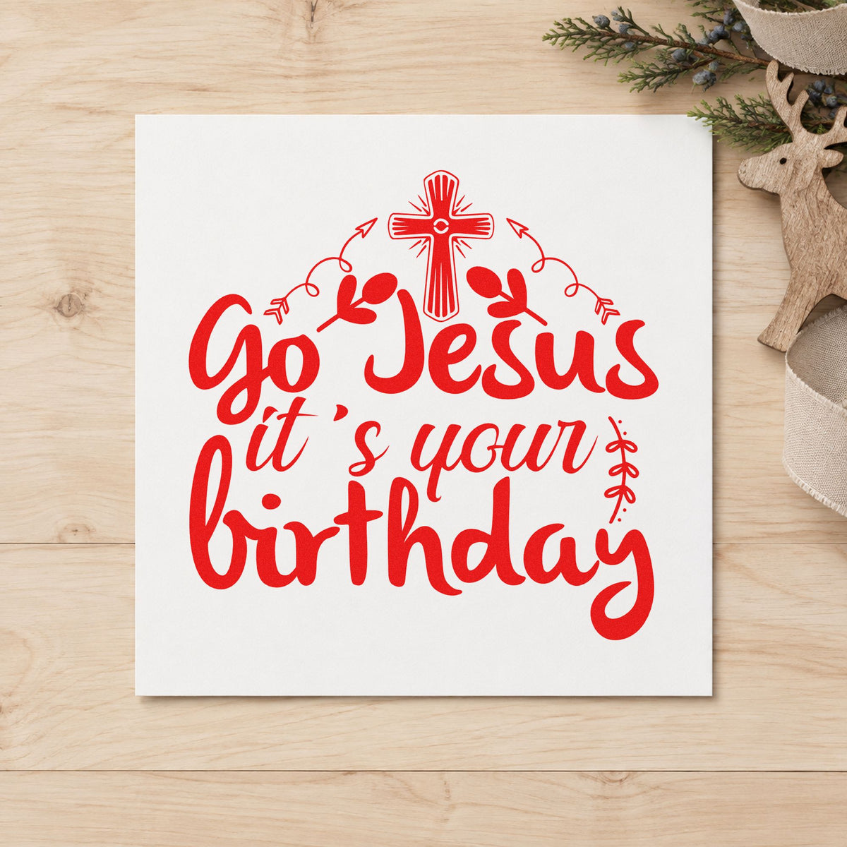 Go Jesus It's Your Birthday craft stamp in red ink on cardstock, an easy option for advent calendar pockets.