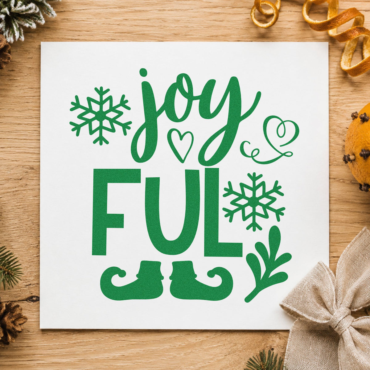 Joyful Elf Boots Snowflakes Leaf Accents Rubber Stamp – Wood Handle in use 3