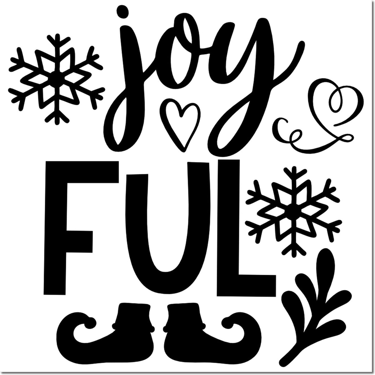 Joyful winter Christmas rubber stamp design with snowflakes, heart, boots and leaves for cards and crafts