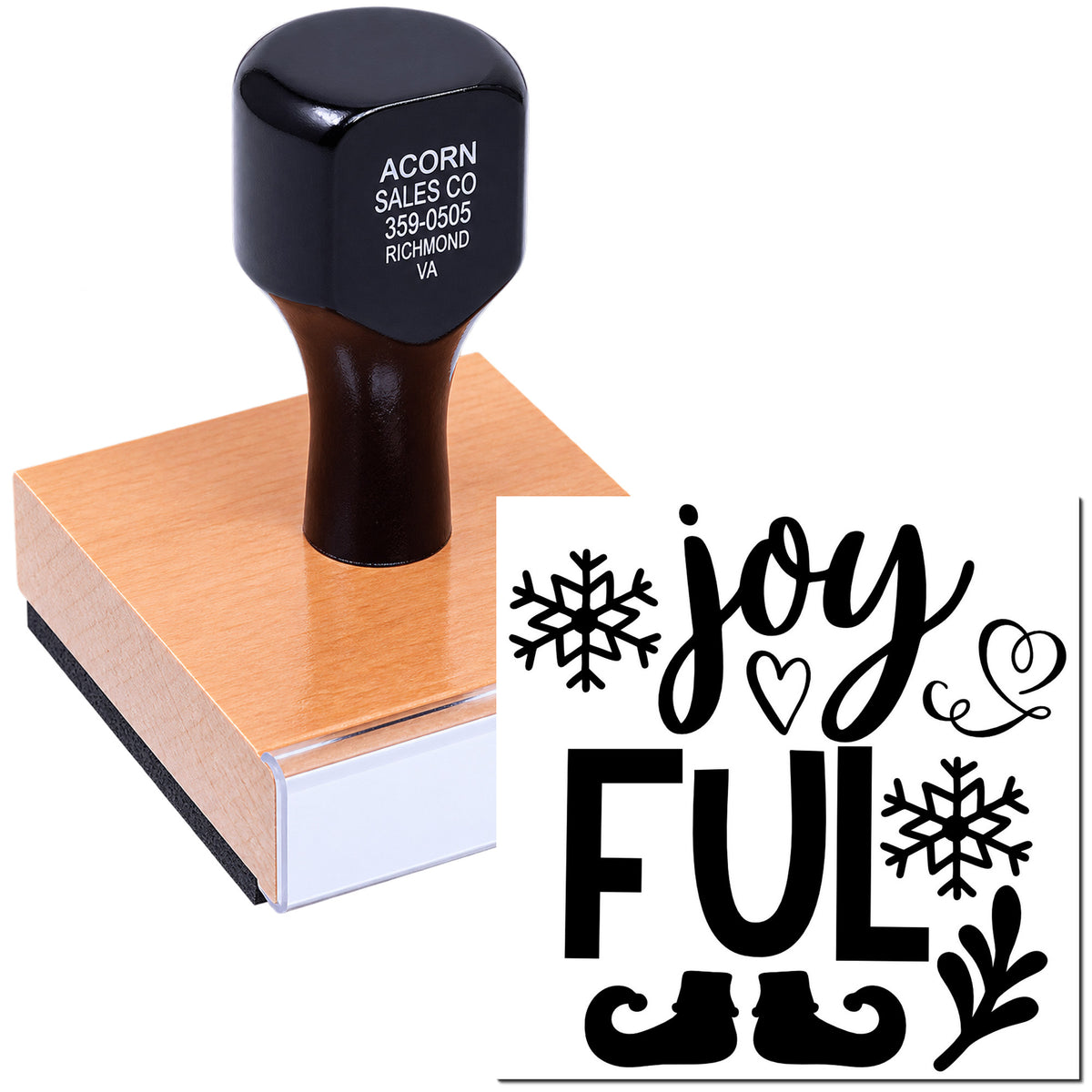 Custom holiday rubber stamp with Joy and Full winter design for festive cards, gift tags, and seasonal packaging.