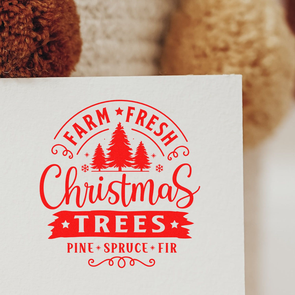 Farm Fresh Christmas Trees rubber stamp design with pine, spruce, and fir trees for holiday gift tags and seasonal packaging.