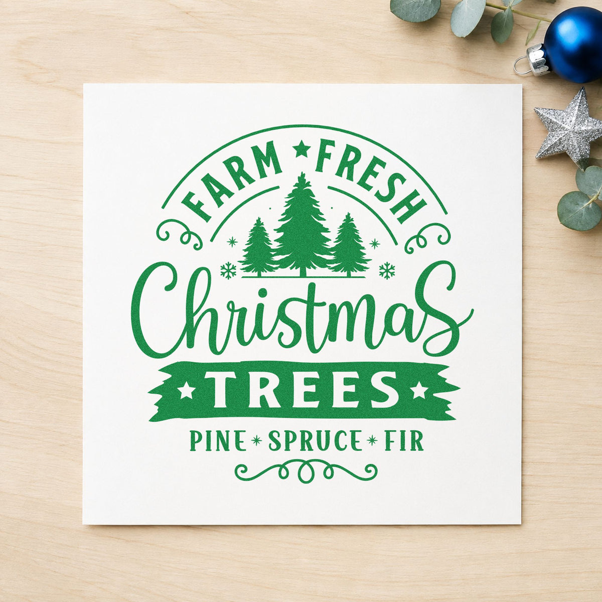 Farm Fresh Christmas Tree Sign craft stamp imprinted in green ink on paper, a design suited to framed porch board.