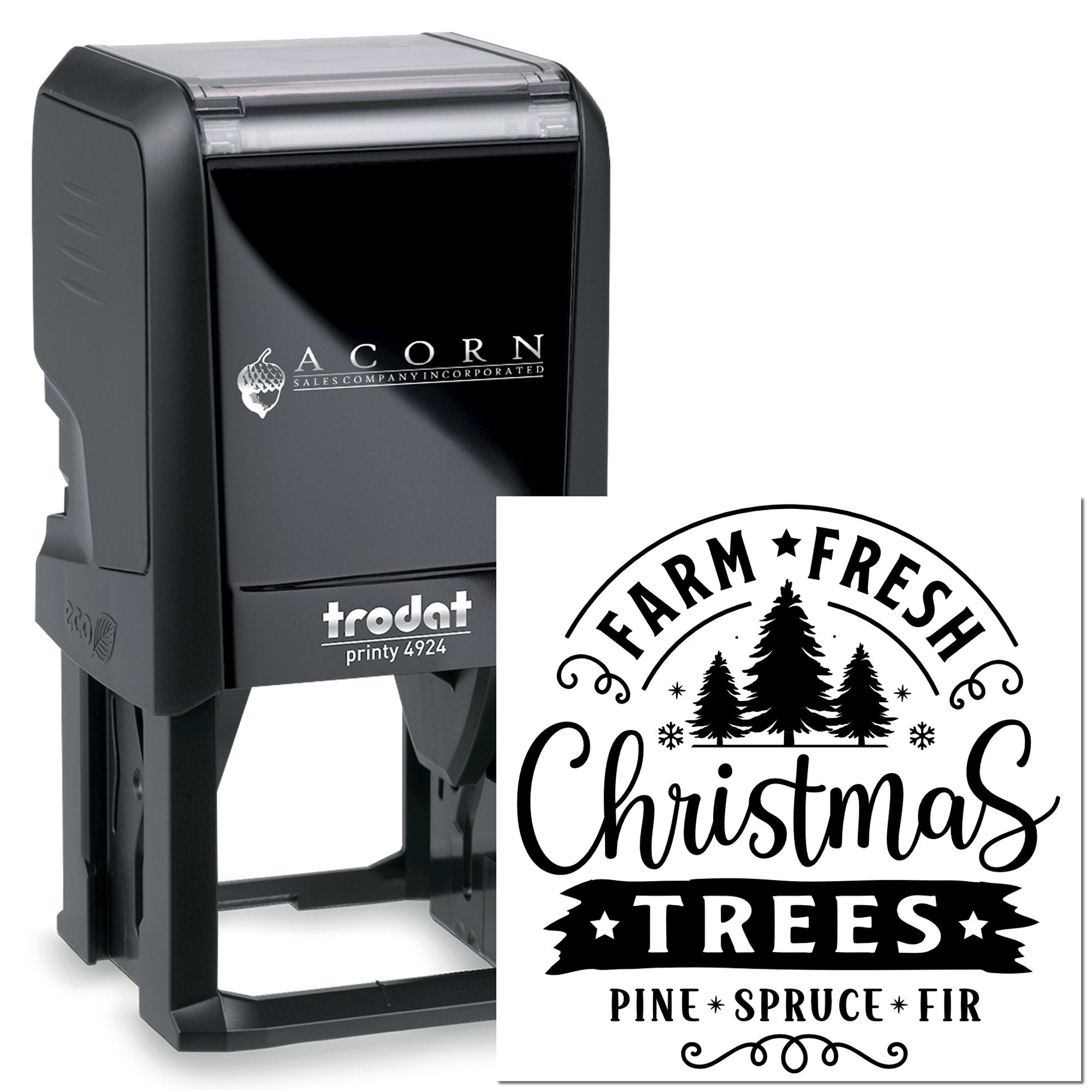 Custom self-inking rubber stamp with Farm Fresh Christmas Trees design for pine, spruce and fir labeling.