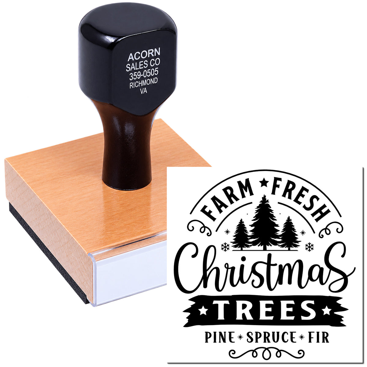 Custom Christmas tree farm rubber stamp with wooden handle for holiday branding, featuring Farm Fresh Christmas Trees Pine Spruce Fir.