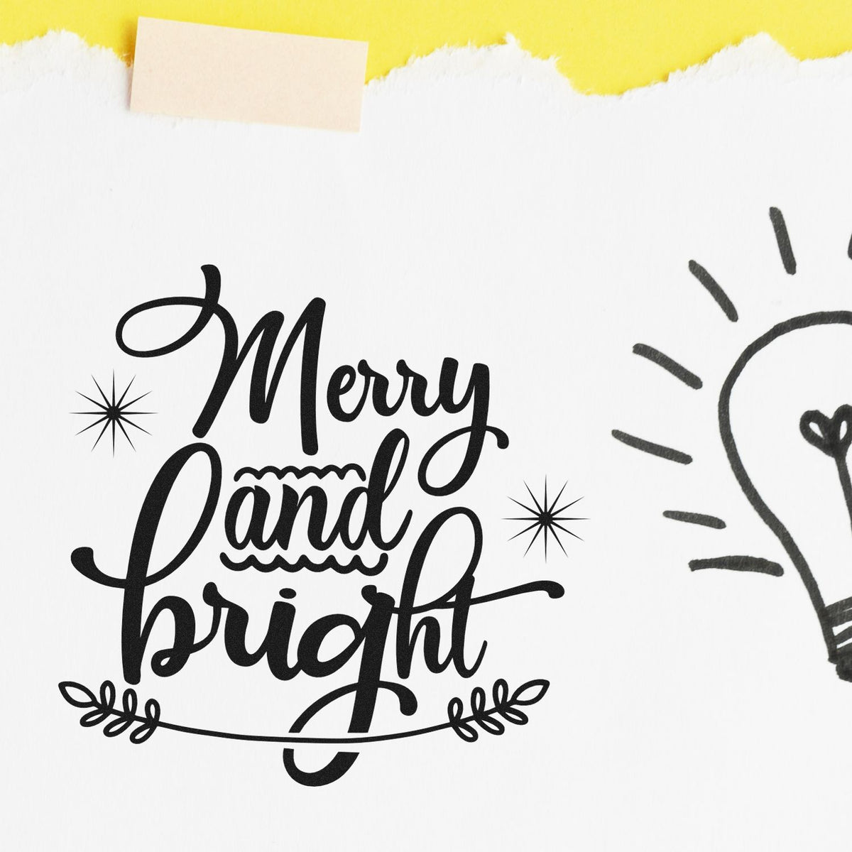 Merry and Bright Christmas rubber stamp design in black script, perfect for holiday cards, gift tags and DIY crafts.