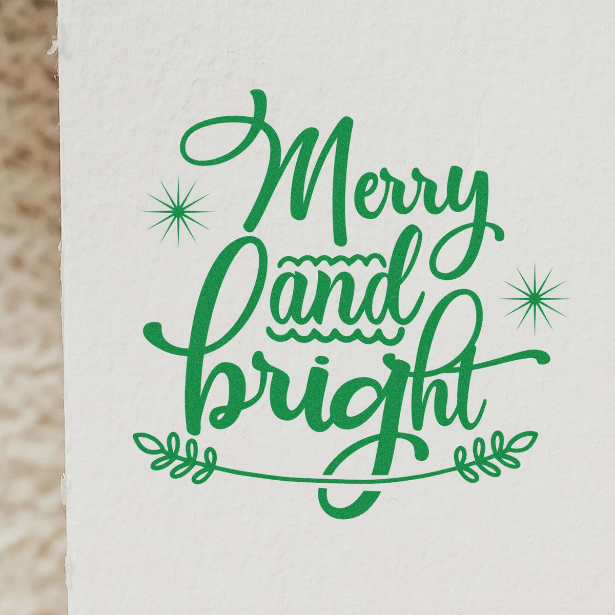 Green Merry and Bright holiday rubber stamp design with stars and leaves for Christmas cards, crafts, and decor.