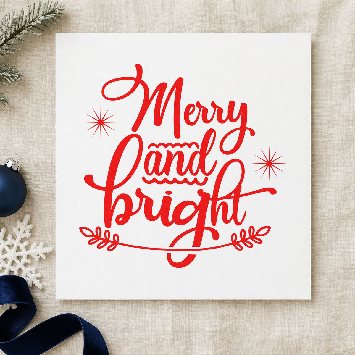 Merry And Bright Flourish craft stamp in red ink on cardstock, an easy option for velvet panel printing.