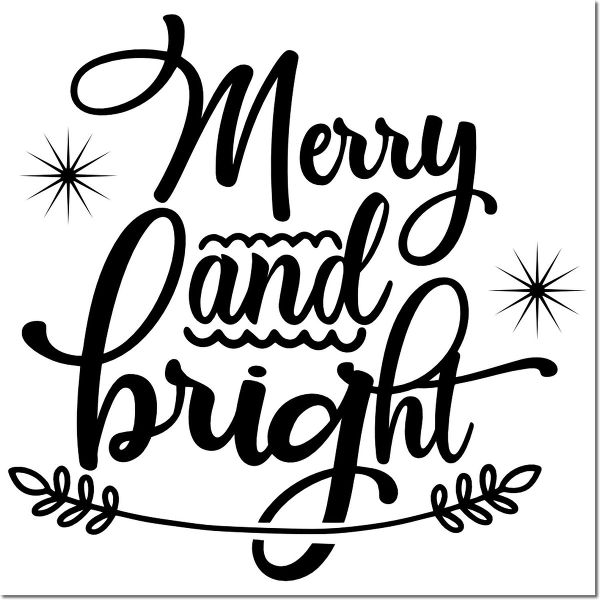 Merry and Bright holiday rubber stamp design with decorative script, stars, and leaves for Christmas cards and crafts.