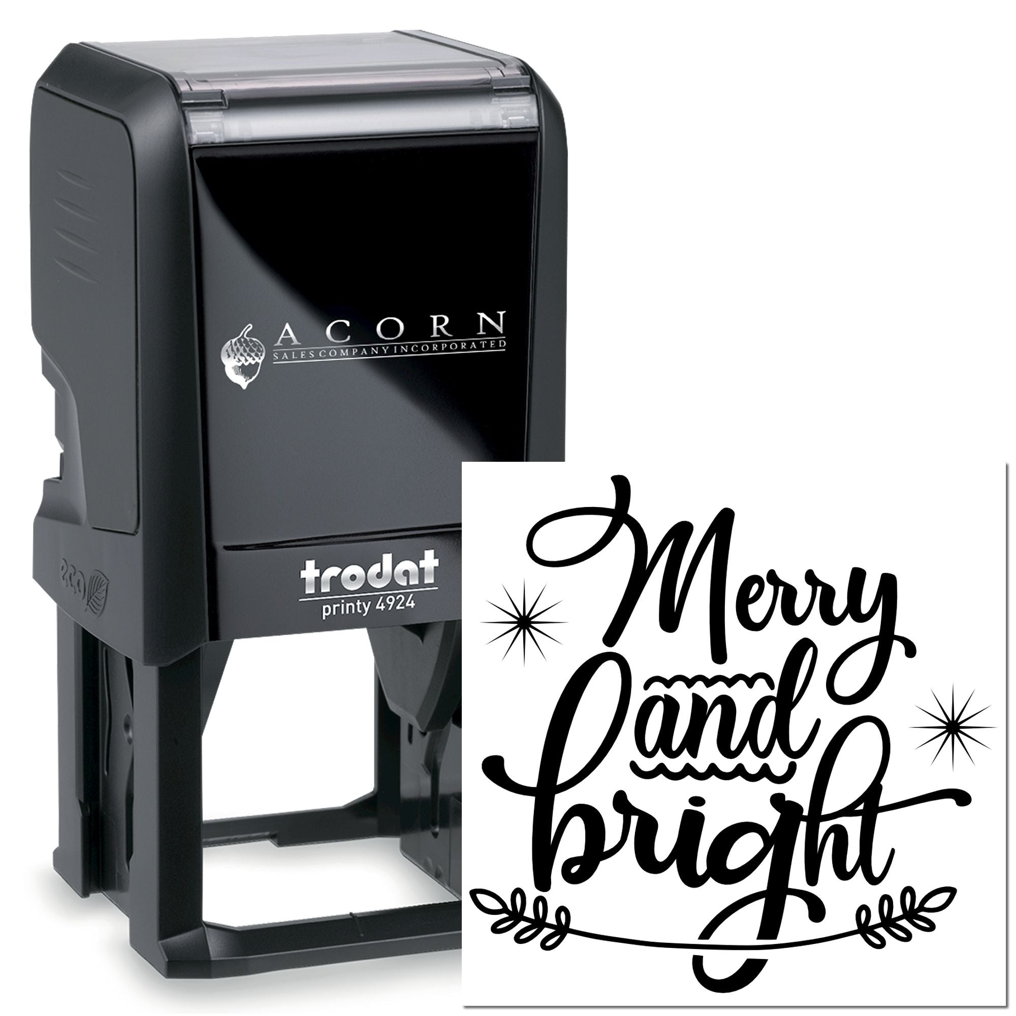 Custom Merry and Bright self-inking rubber stamp, Trodat Printy 4924, for holiday cards and festive packaging.