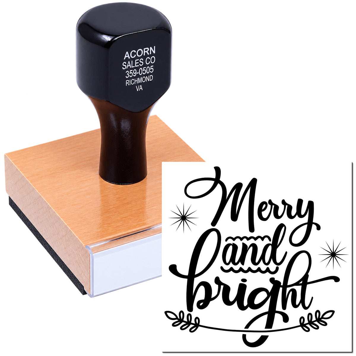 Custom Merry and Bright rubber stamp for holiday cards, gift tags, and seasonal crafts.