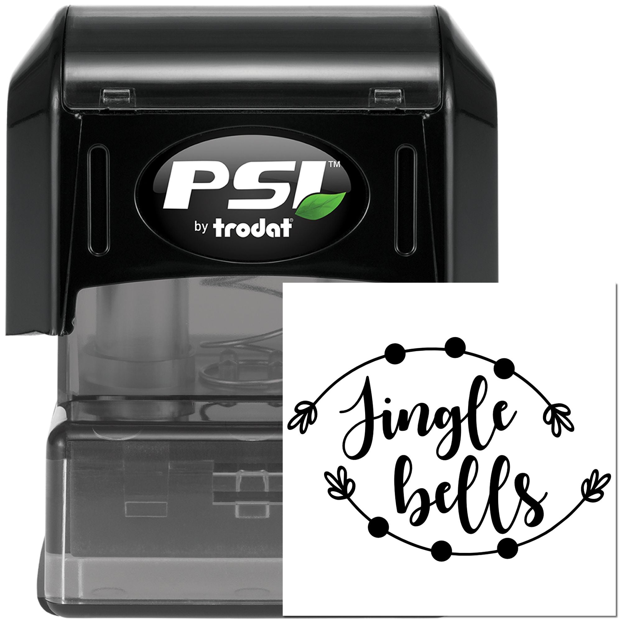PSI by Trodat self-inking rubber stamp with custom Jingle Bells holiday design for festive card making and crafts.