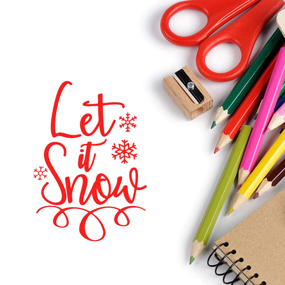Let It Snow rubber stamp design with snowflakes, perfect for holiday cards, scrapbooking, and winter craft projects.