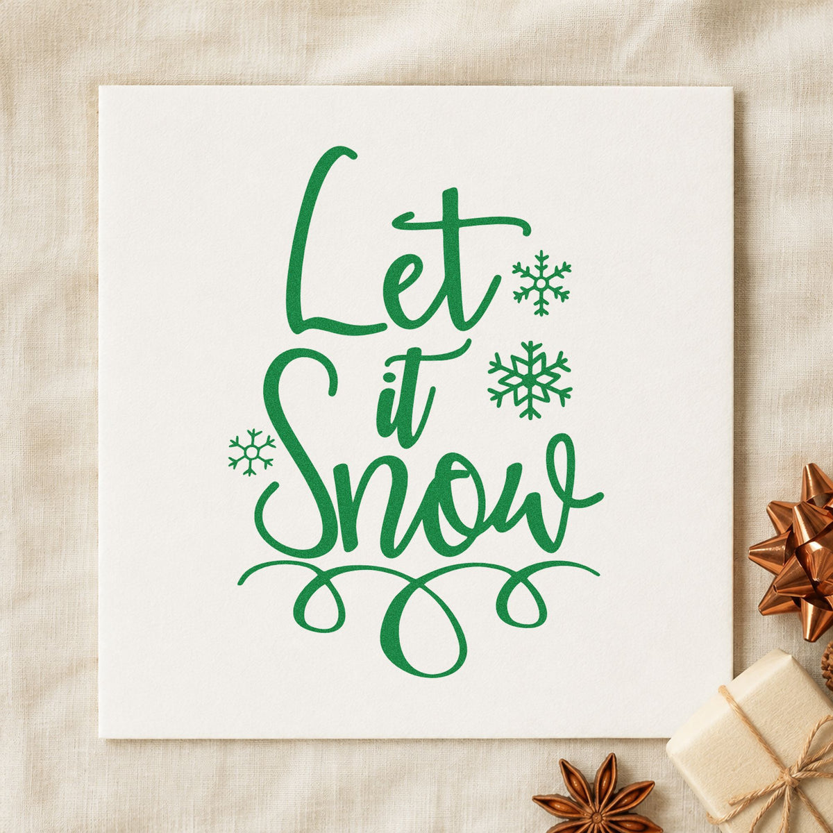 Let It Snow Loop Flourished Lettering Hand Stamp – Duo in use 3