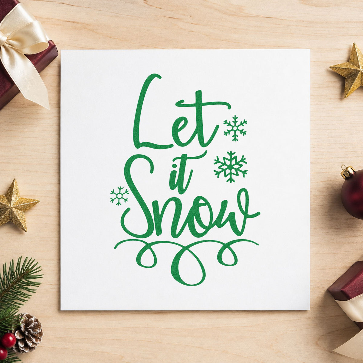Let It Snow Loop Flourished Lettering Hand Stamp – Duo in use 6