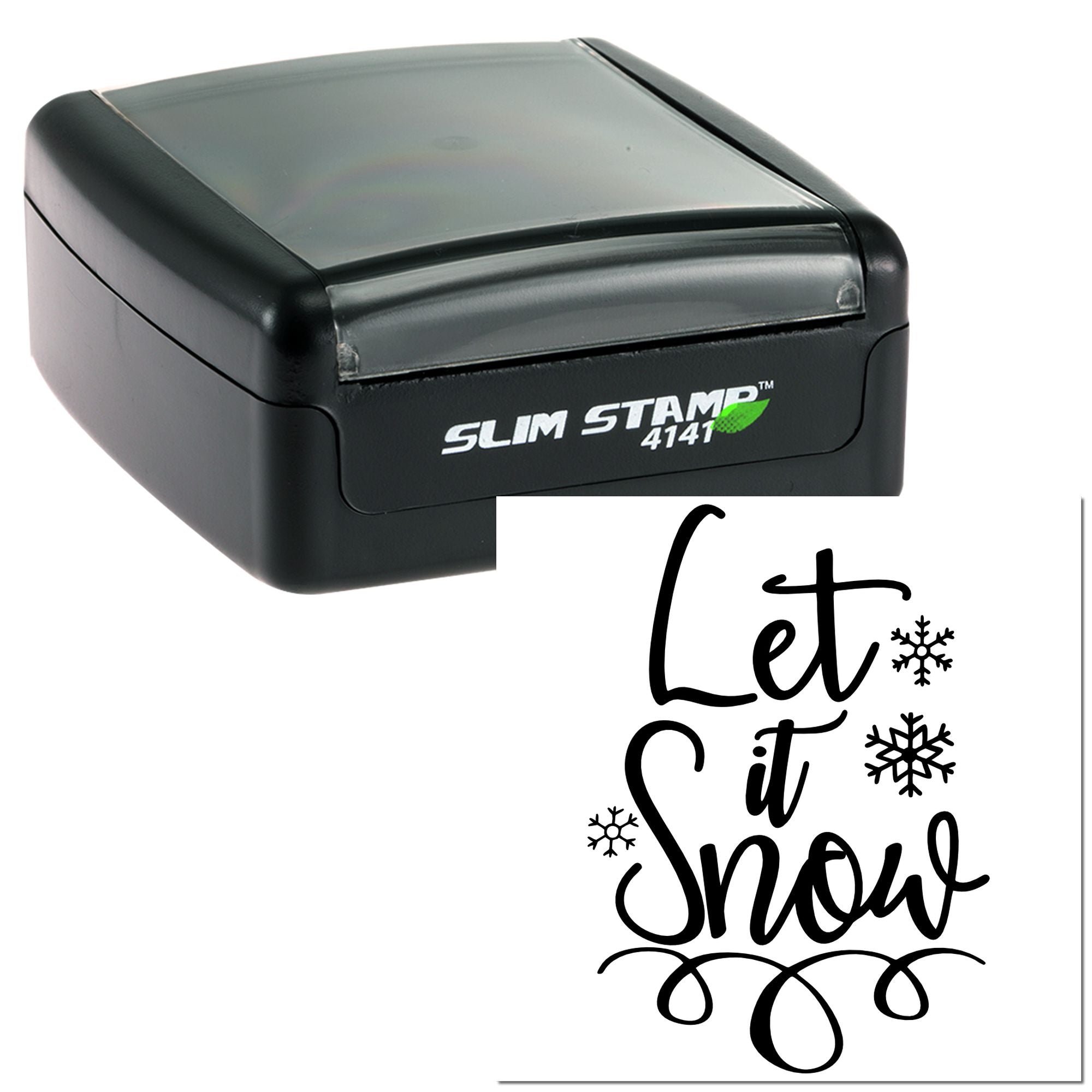 Slim self-inking rubber stamp with Let it Snow snowflake design for winter crafts, holiday cards, and seasonal stationery.