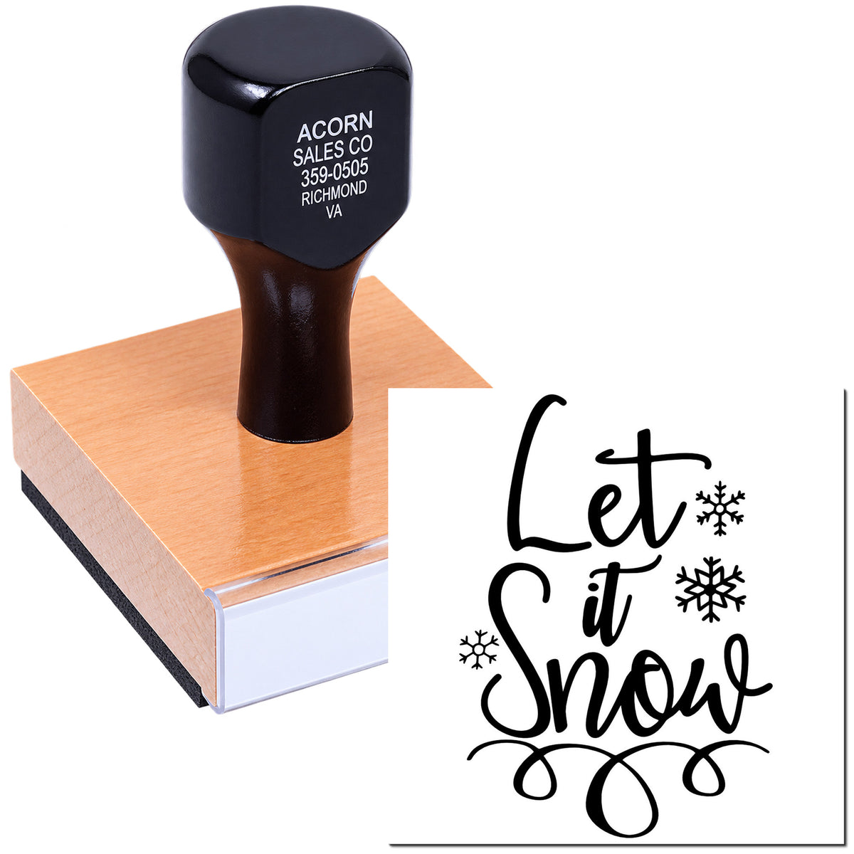 Personalized rubber stamp with Let It Snow design for winter crafts, holiday cards, and handmade packaging.