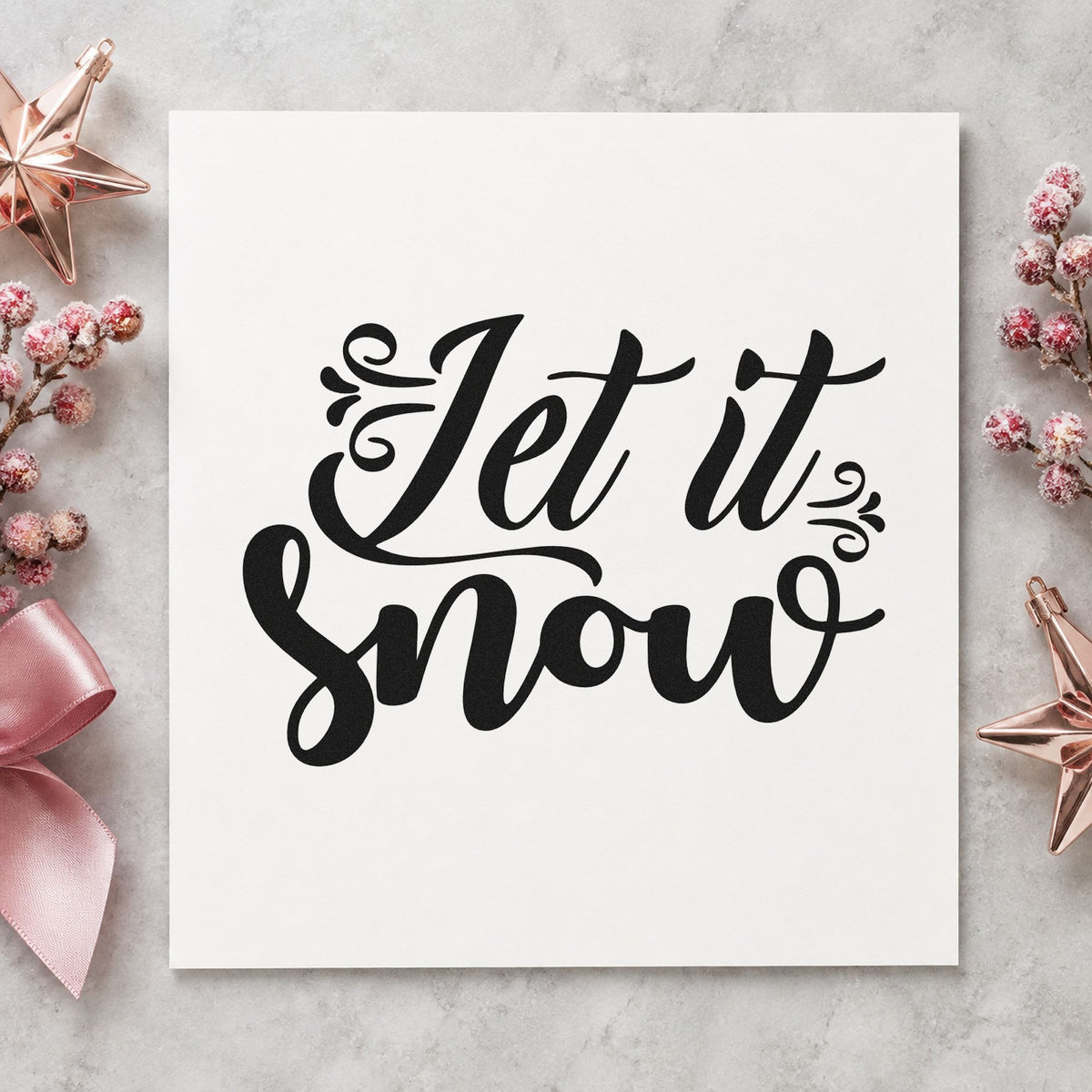 Let It Snow Ornate Script rubber stamp printed in black ink, ready for bold side curls cards and similar paper crafts.