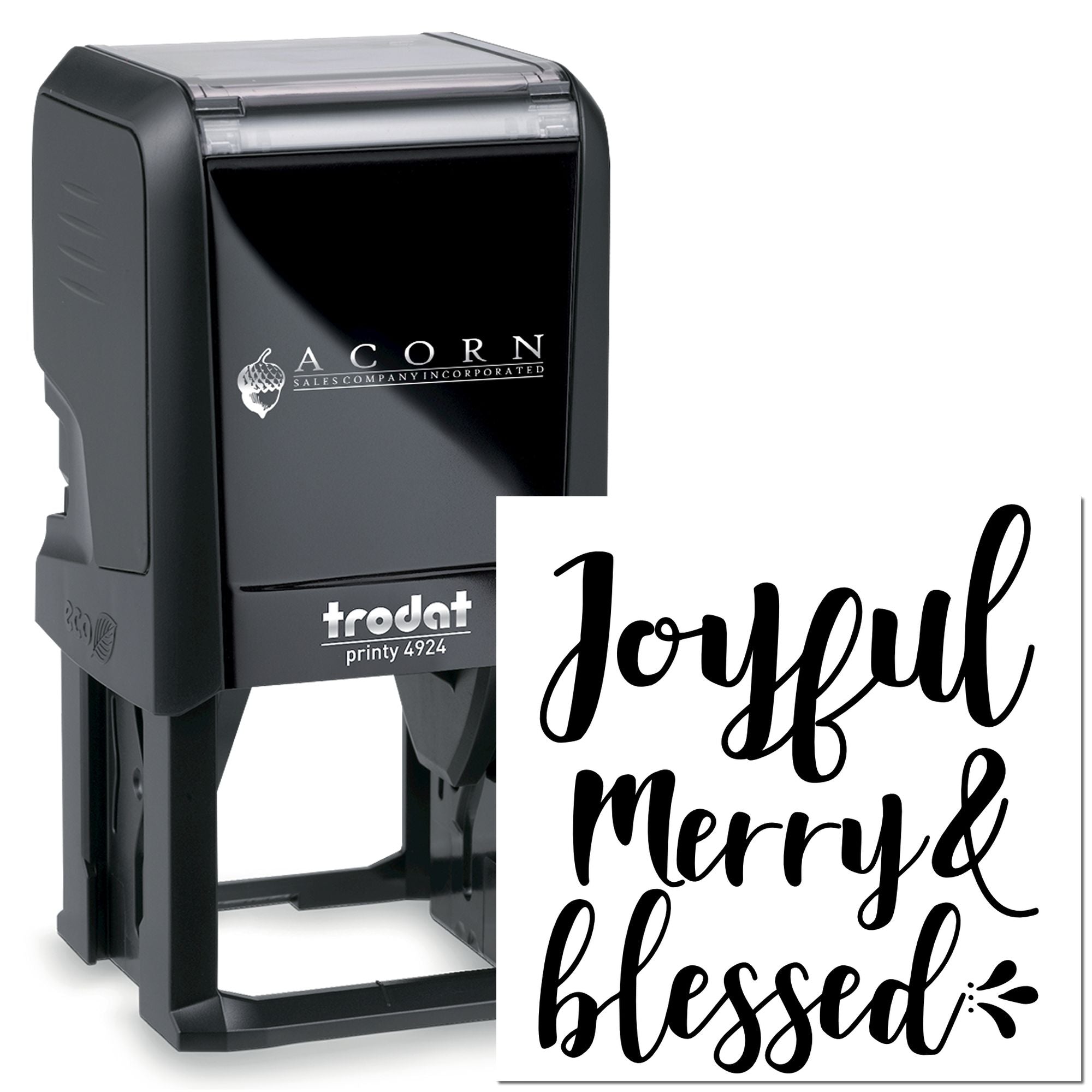 Trodat self-inking rubber stamp with Joyful Merry & Blessed custom holiday message.