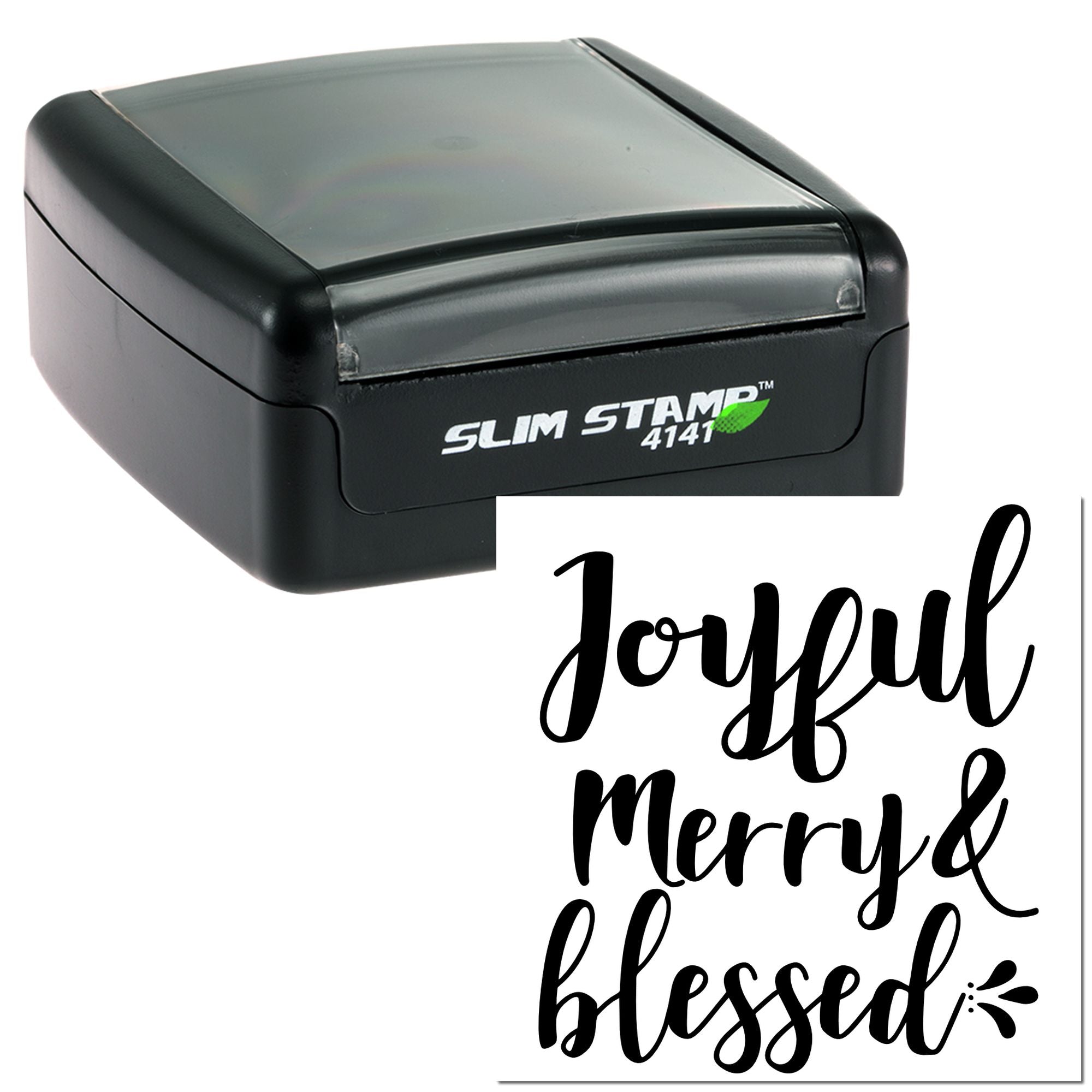 Self-inking rubber stamp with Joyful, Merry & Blessed calligraphy for holiday cards, gifts, and packaging.