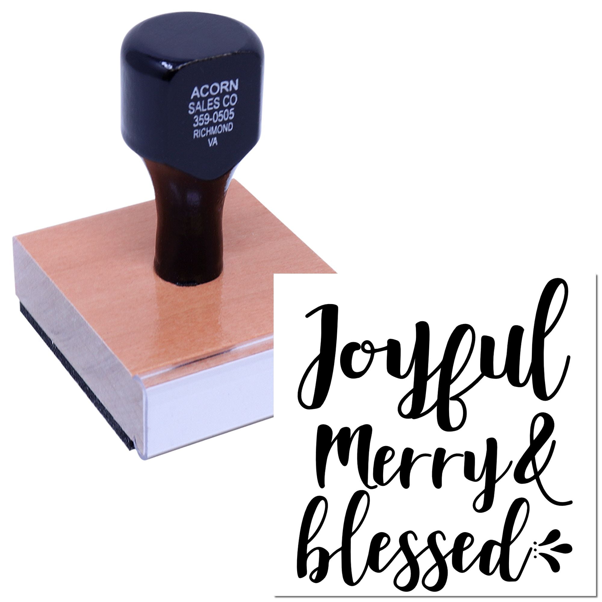 Custom rubber stamp with Joyful, Merry & Blessed script design for holiday crafts, handmade cards, and gift packaging.